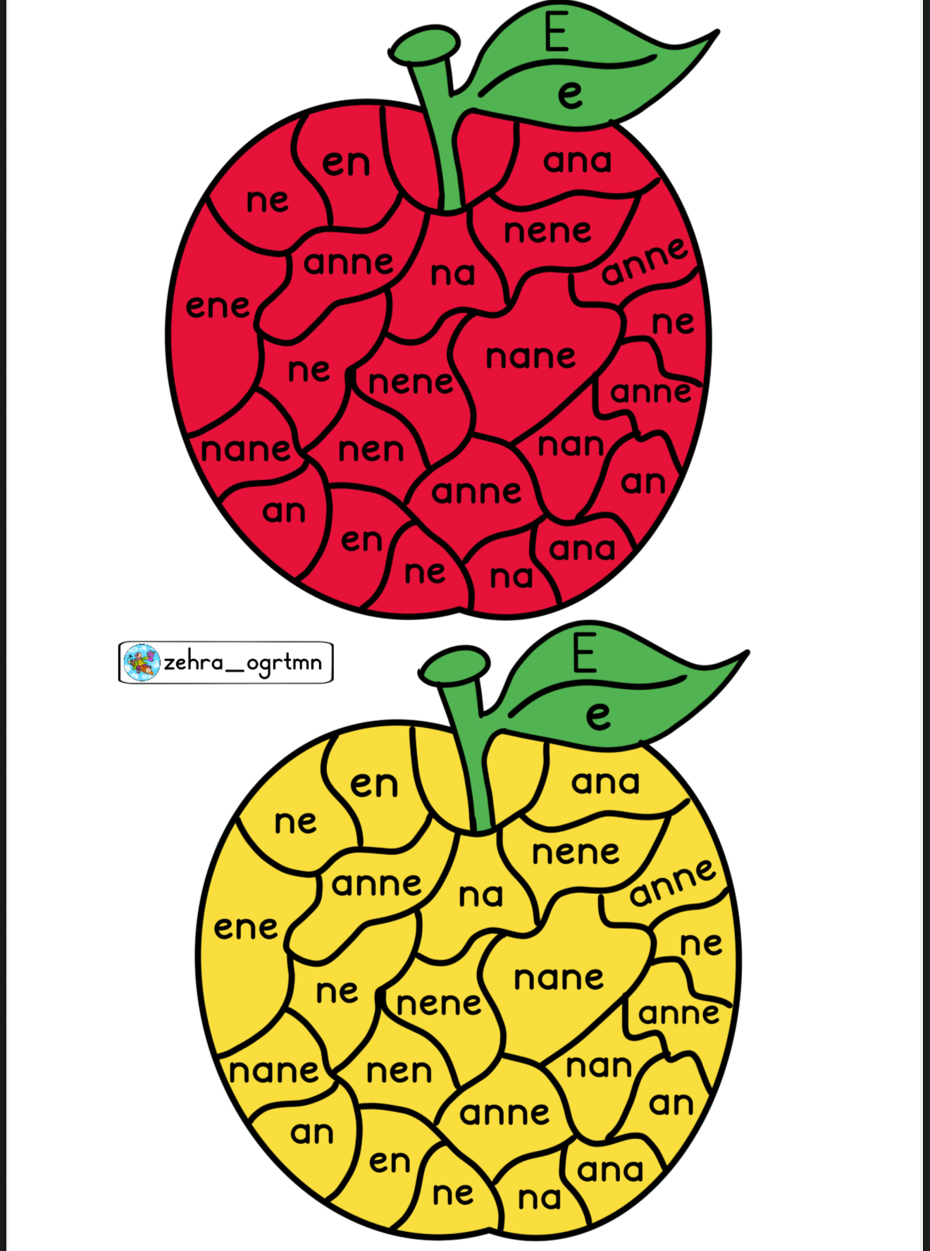 E Sesi Elmalı Okuma Kartları