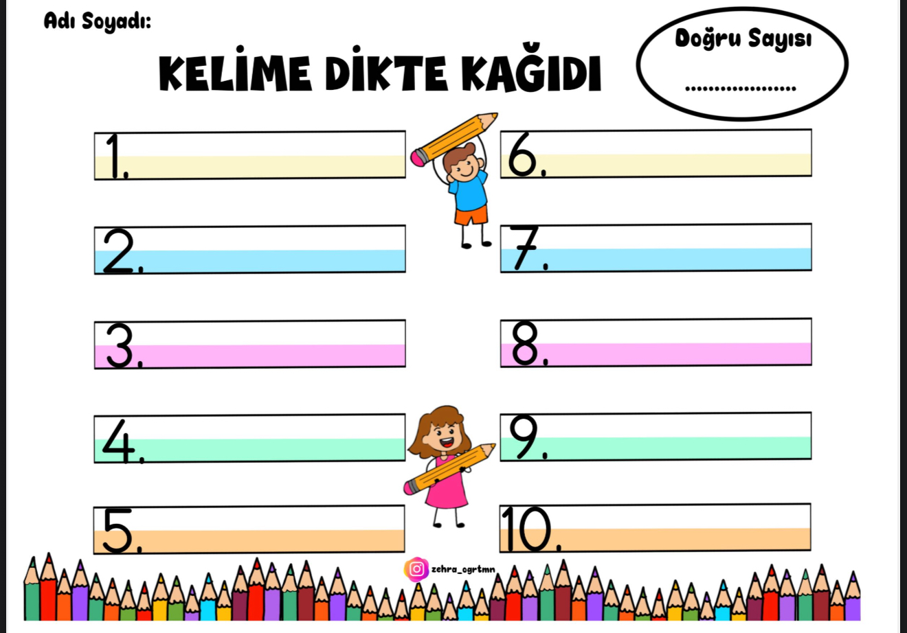 Kelime Cümle Dikte Kâğıdı Şablonu