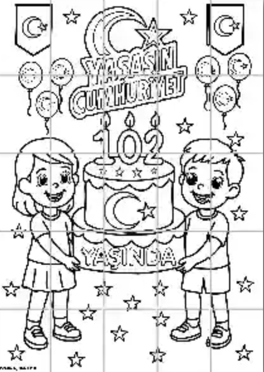 25A4 Grup Boyama  Yaşasın Cumhuriyet 102 Yaşında Pastalı Görsel