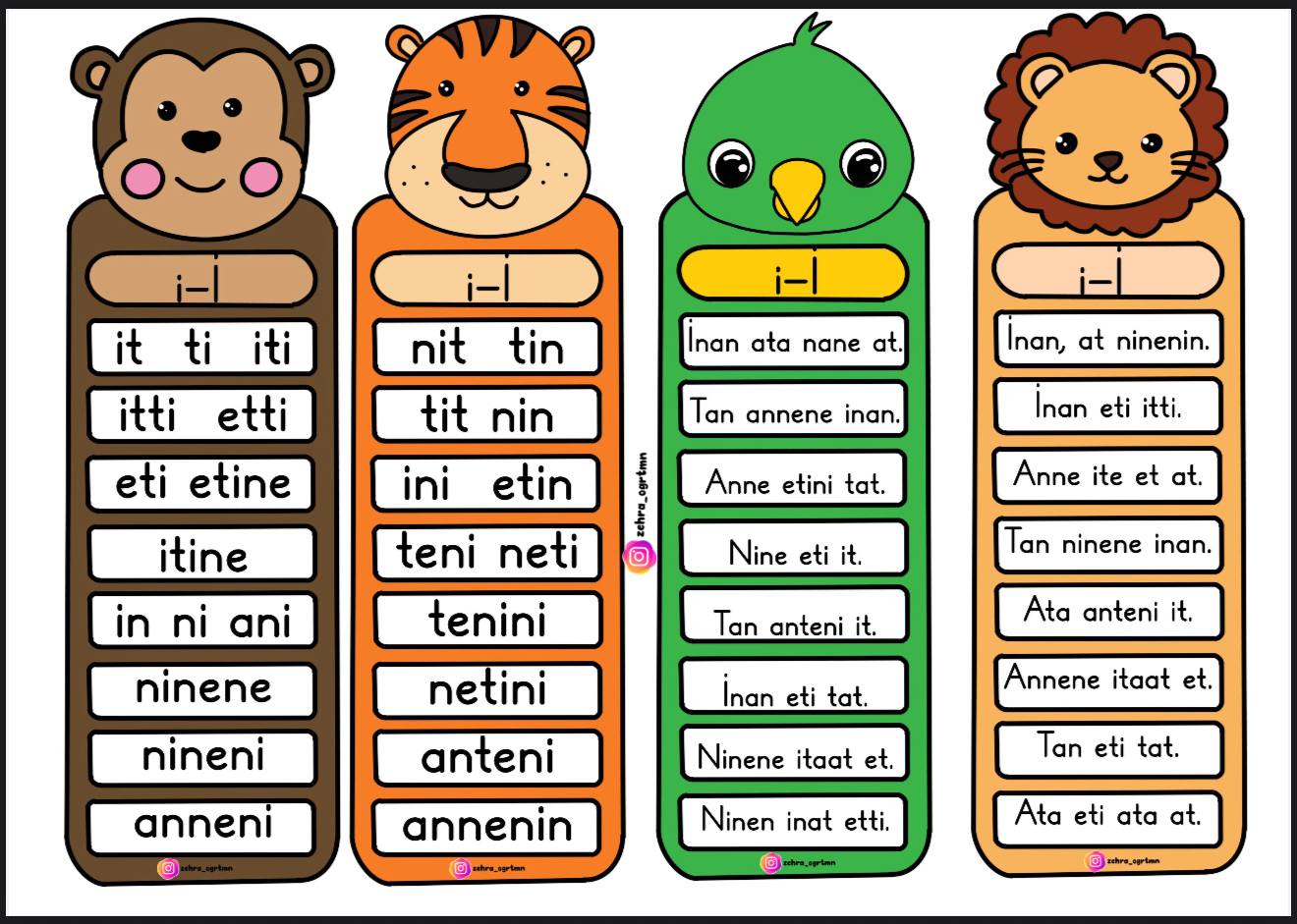 İ Sesi Hayvanlı Okuma Kartları